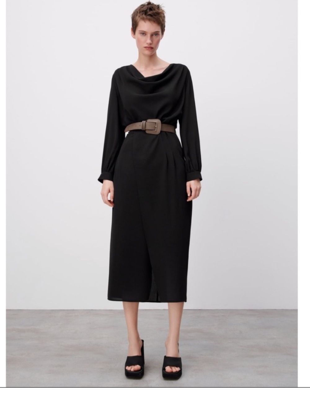 Zara Black Midi Dress with Brown Belt Cowl neck Size Large